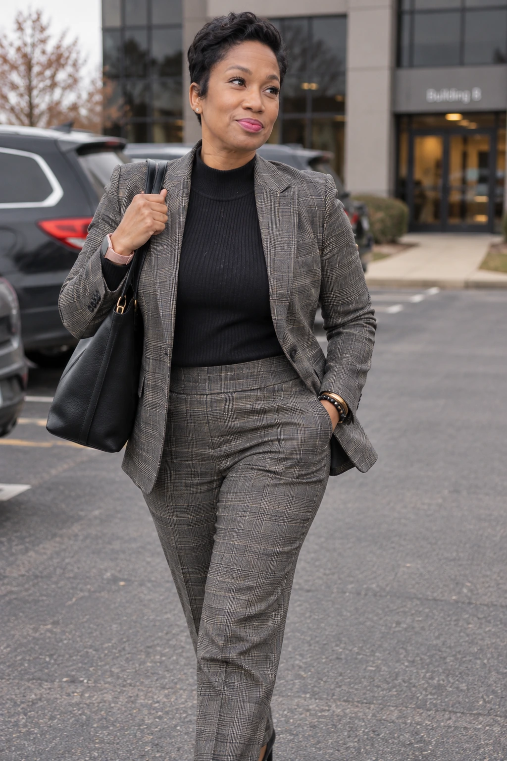 Woman in charcoal tailored clothing