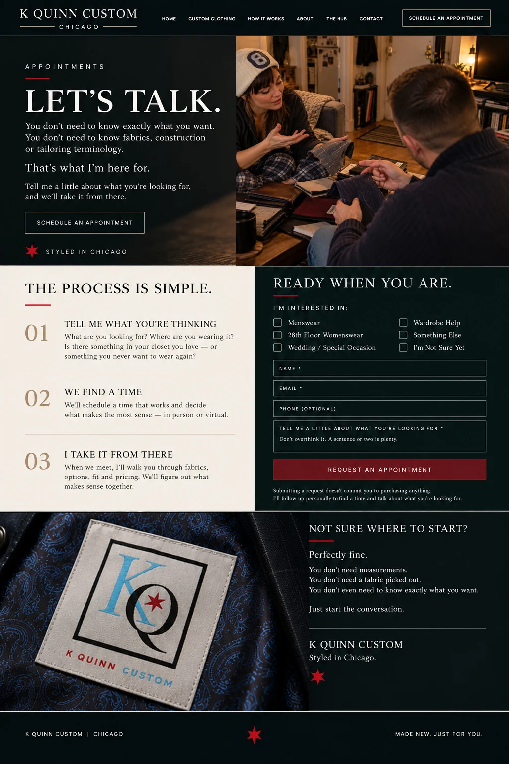Approved Appointments page with K Quinn’s actual garment label