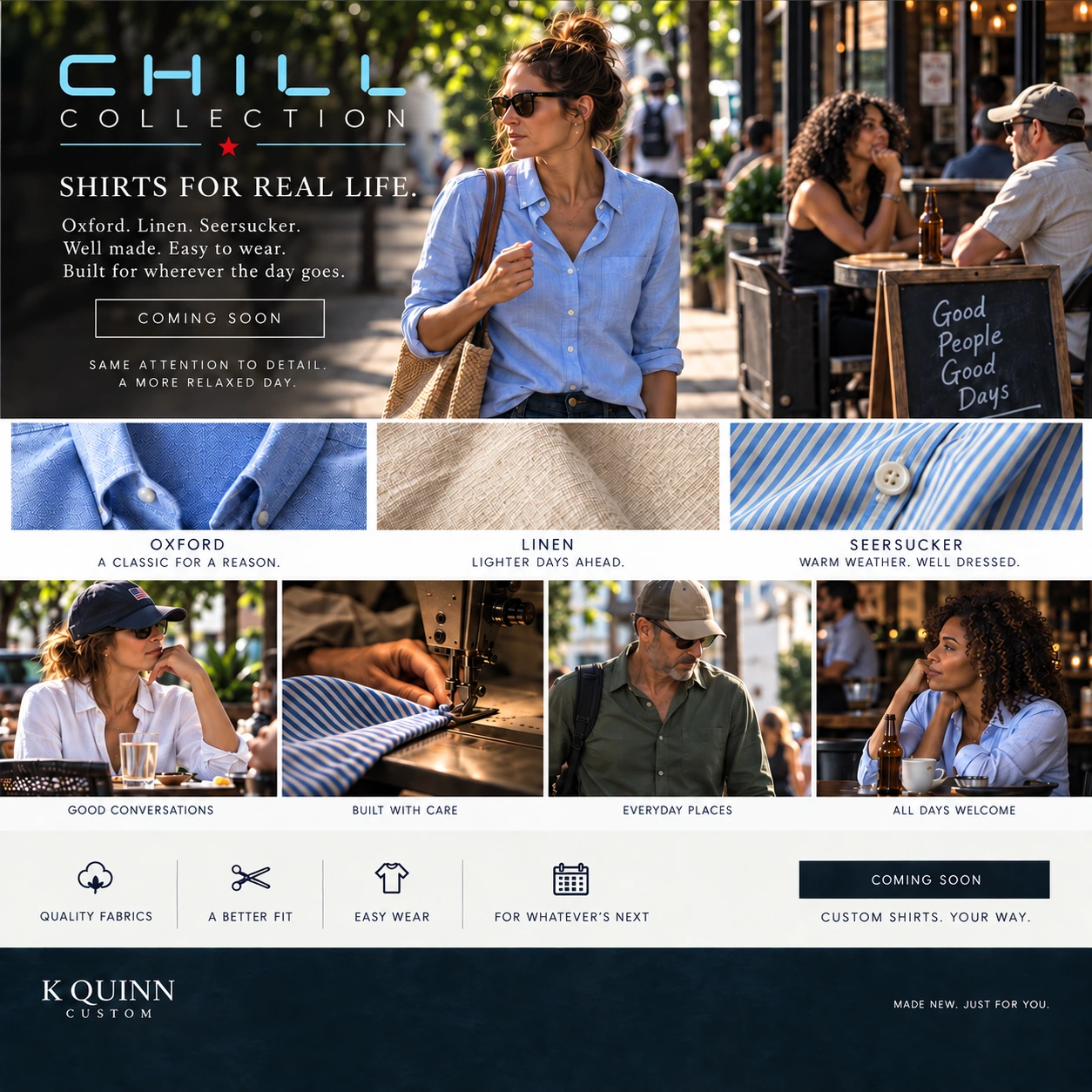 CHILL Collection: shirts for real life. Oxford, linen, and seersucker. Coming soon.