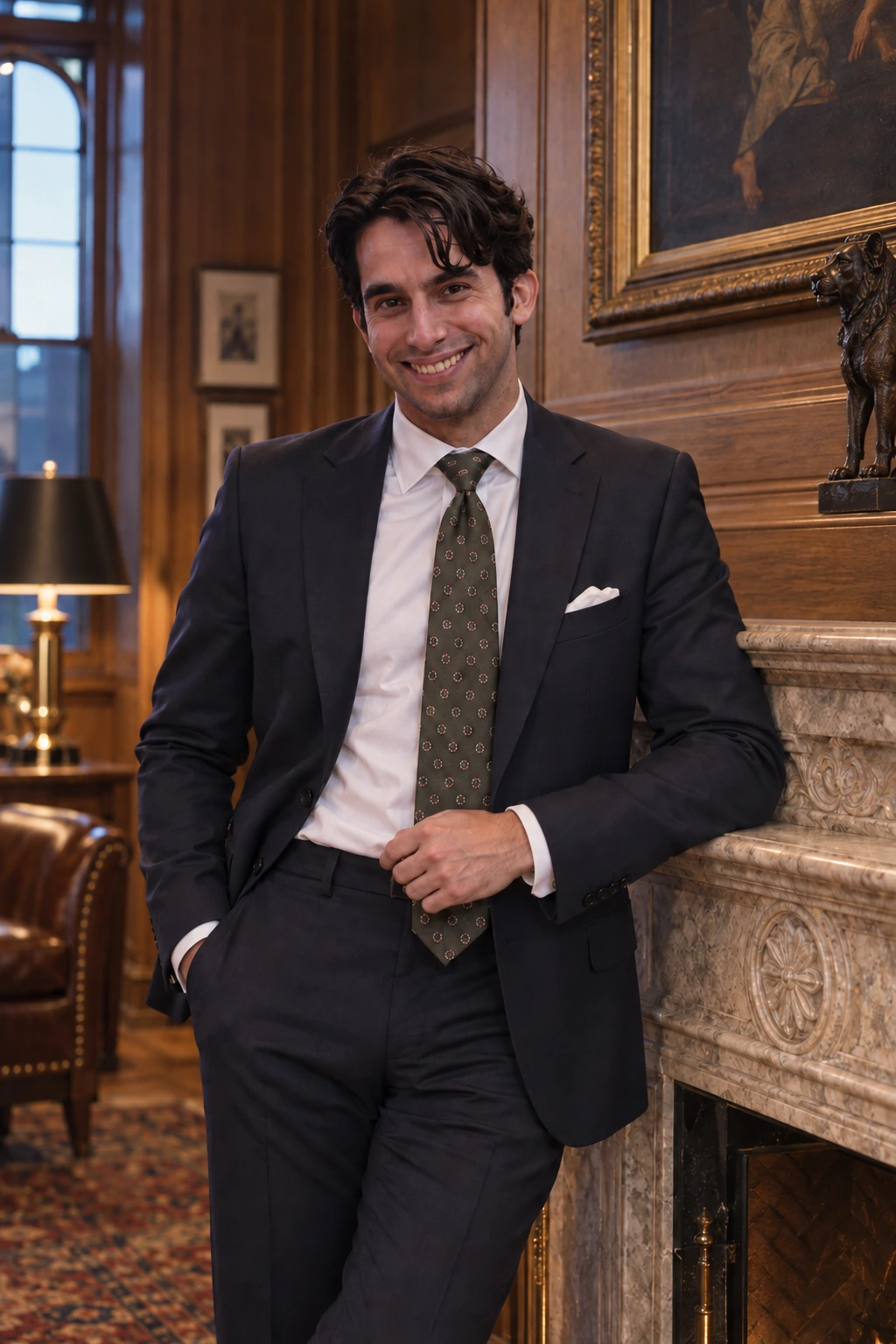Billy in his custom suit beside the fireplace
