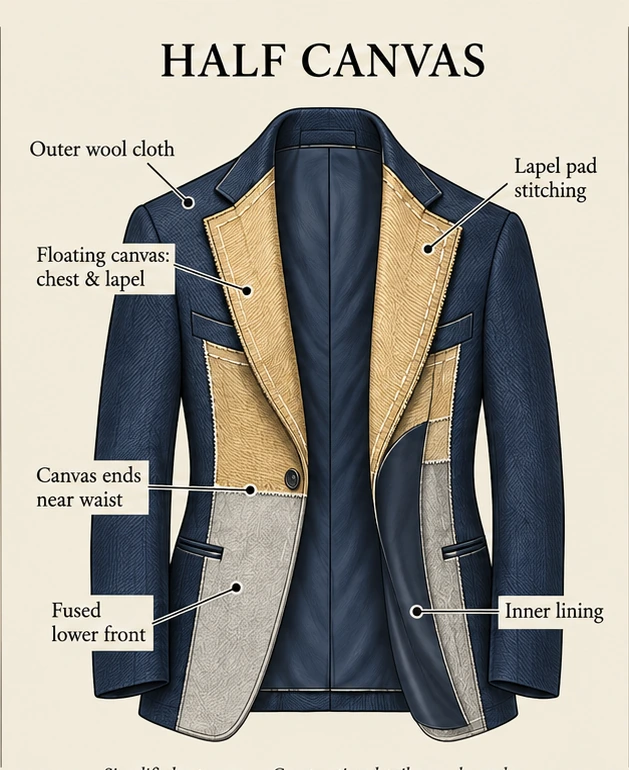 Labeled half canvas jacket cutaway