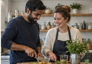 A couple cooking together at home
