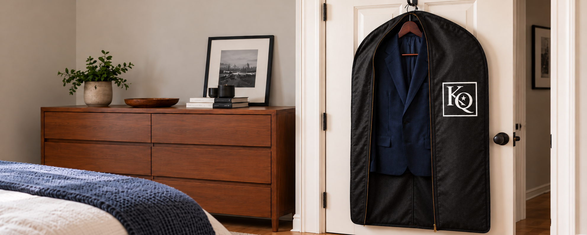 A navy suit inside a KQ Custom garment bag, hanging on a bedroom door beside a dresser