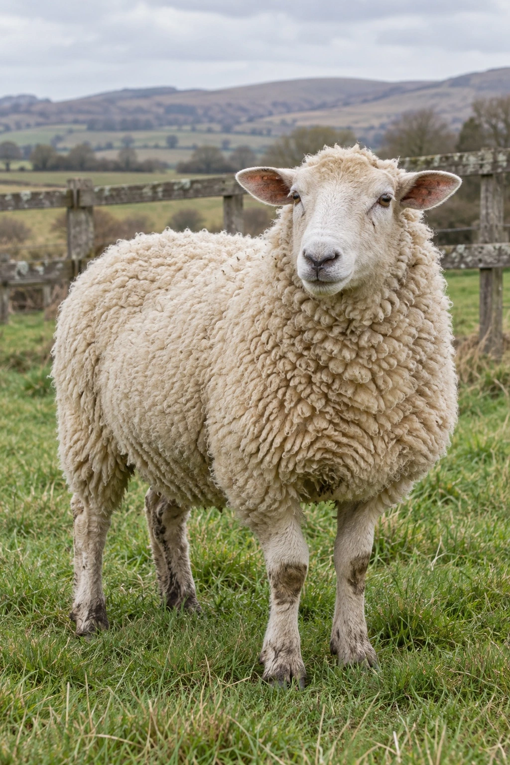 A sheep with a thick cream fleece standing in a grassy pasture