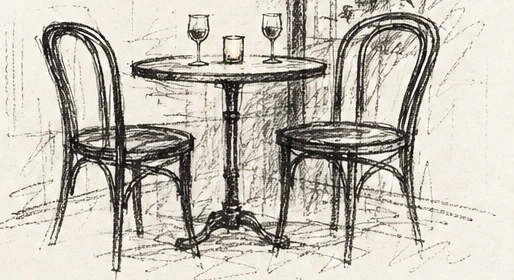Loose pencil sketch of a café table with two chairs