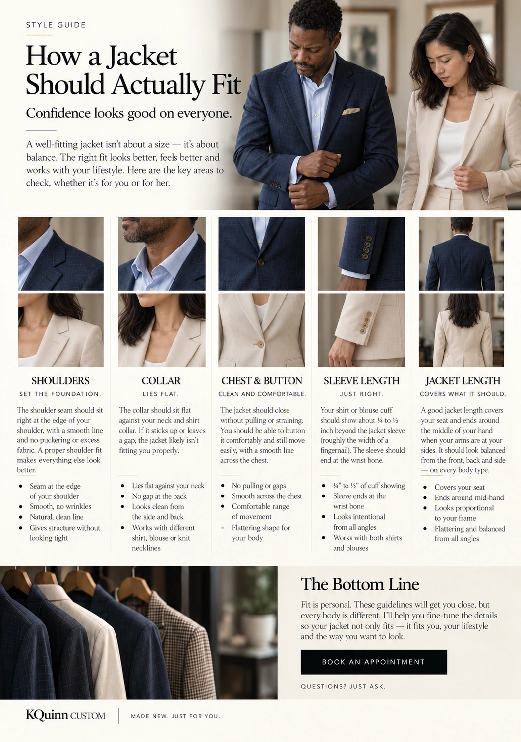 How a Jacket Should Actually Fit — approved KQuinn Guide page