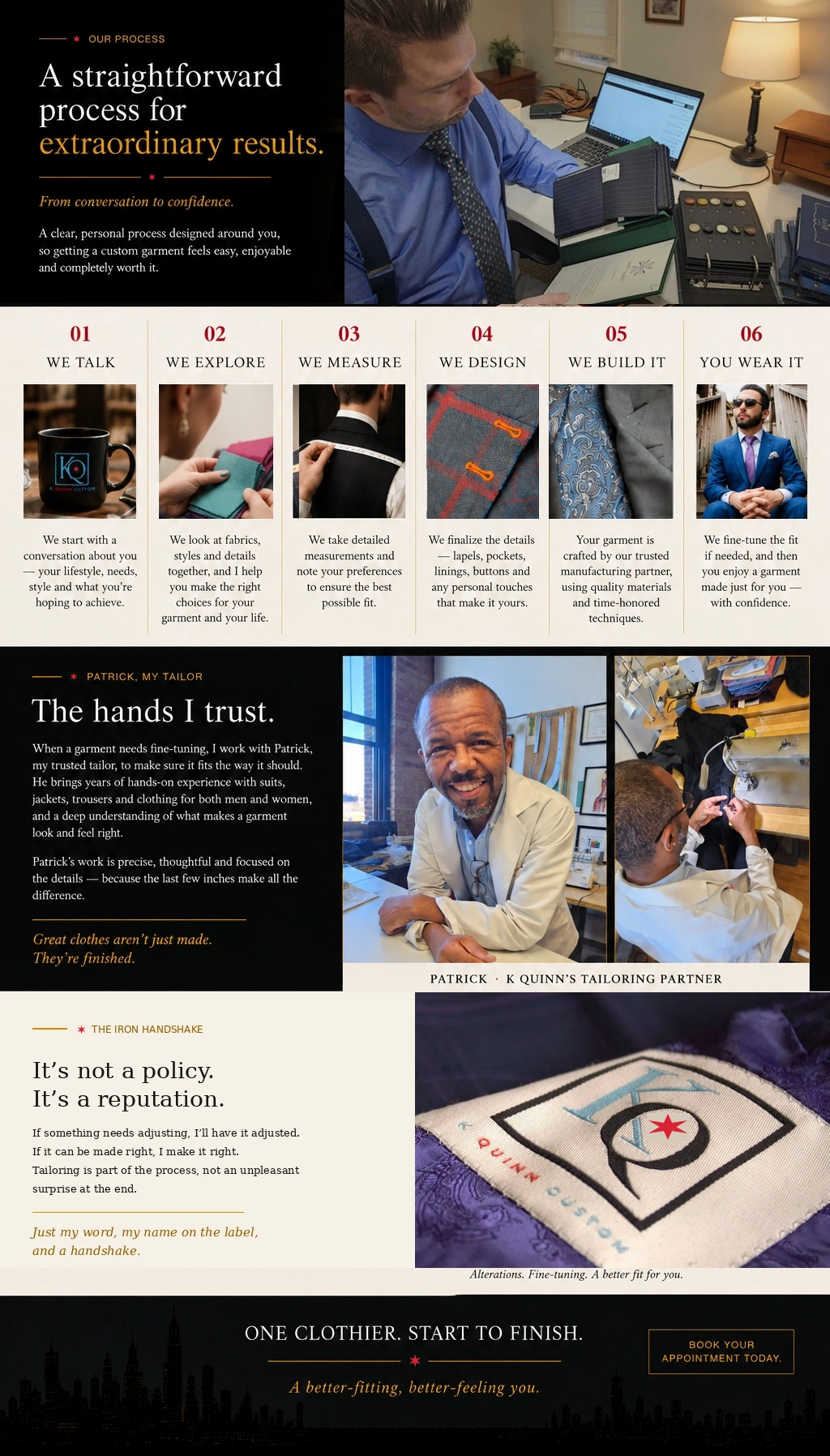 KQuinn Custom process, Patrick tailoring partnership, and Iron Handshake