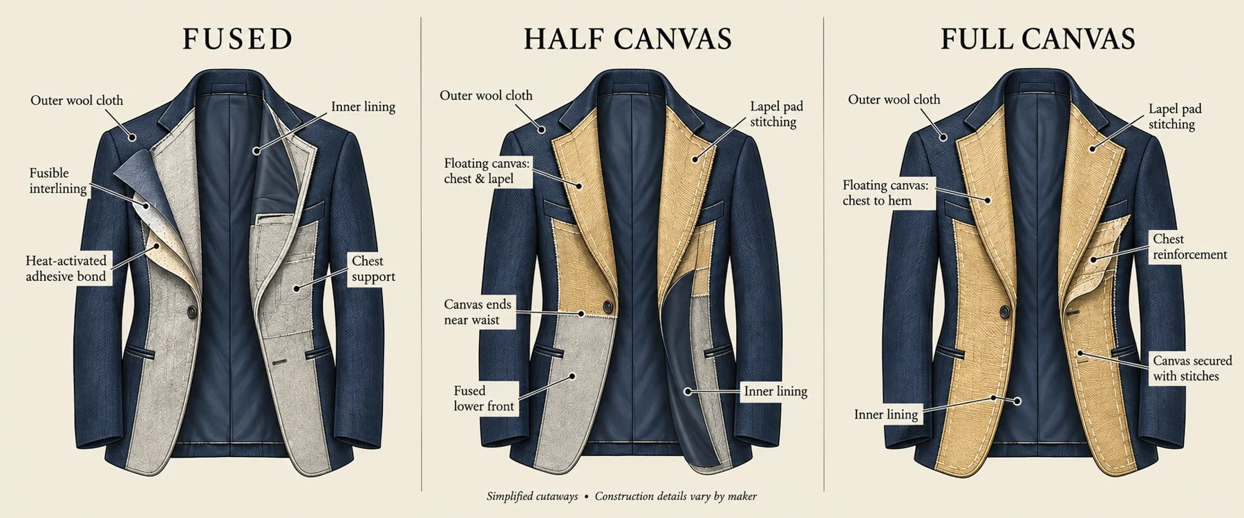 Illustrated jacket cutaways: fused bonded interlining, half canvas through chest and lapel with fused lower front, and full canvas extending to the hem.