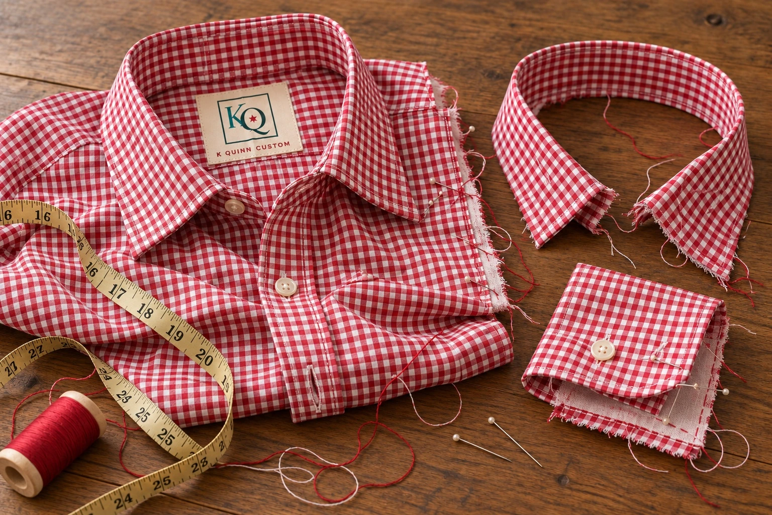 Red-and-white check shirt in progress on a wood tabletop, with K Quinn label, detached collar and cuff, measuring tape, sewing pins and loose threads
